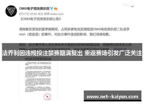 法乔利因违规投注禁赛期满复出 重返赛场引发广泛关注 法乔利因违规投注禁赛期满复出 重返赛场引发广泛关注