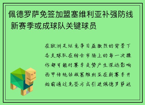 佩德罗萨免签加盟塞维利亚补强防线 新赛季或成球队关键球员 佩德罗萨免签加盟塞维利亚补强防线 新赛季或成球队关键球员